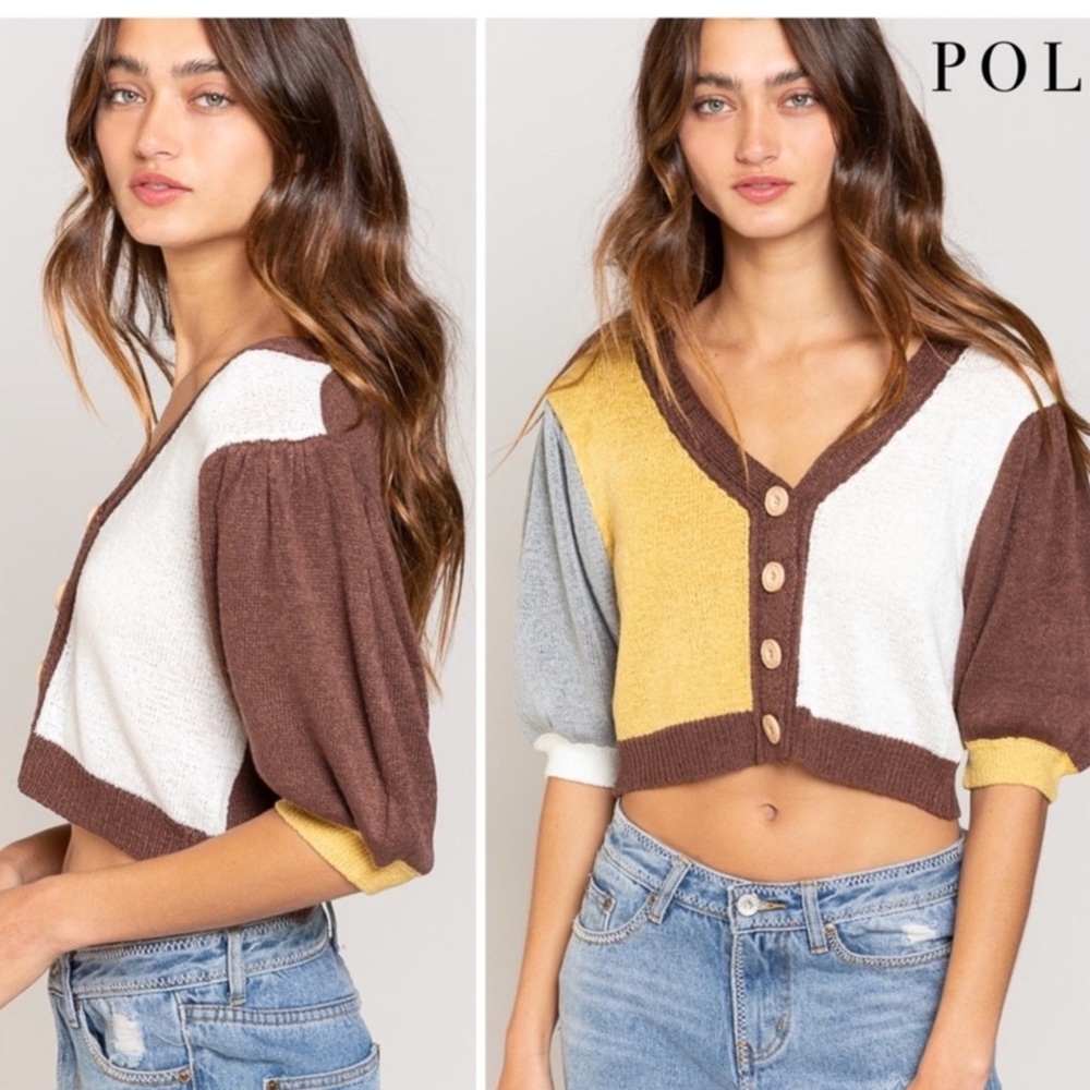 Pol Vintage Vibes Blocker Color Thin Cropped Cardigan